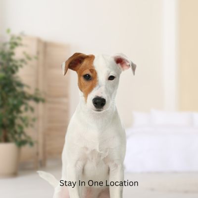 Happyoodles.com - Title: Stay in one location - Dog in room with bed.