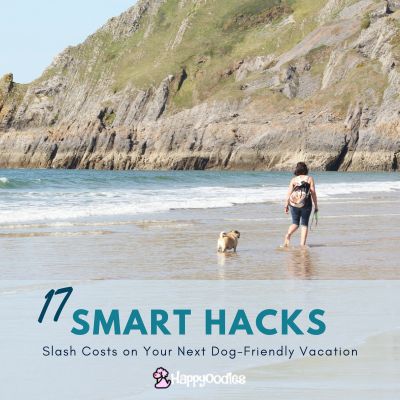Happyoodles.com - Title: 17 Smart Hacks - Slash Costs on Your Dog-Friendly Vacations - Picture of a women and dog walking along the beach with cliffs in the background