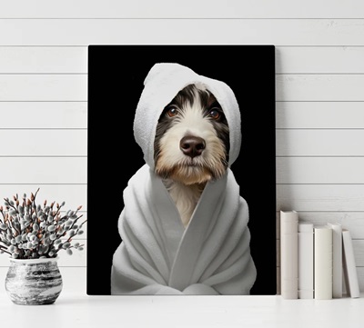 Bernedoodle Bathroom Art - Bernedoodle in a robe with a towel on their head
