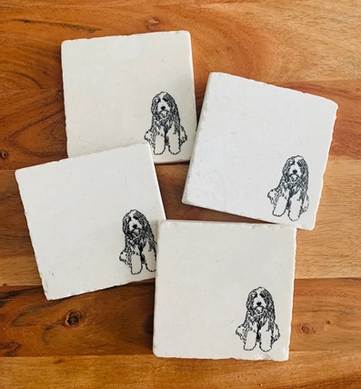 Bernedoodle Coasters Coaster Set - tumbled marble with Bernedoodle image in black.