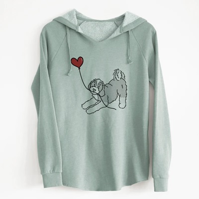 Green Bernedoodle sweatshirt with black outlined bernedoodle holding a balloon string.  The balloon is a red heart. Sweatshirt style is a Cali  Wave Hooded. 