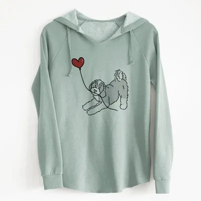 Green Bernedoodle sweatshirt with black outlined bernedoodle holding a balloon string. The balloon is a red heart. Sweatshirt style is a Cali Wave Hooded.