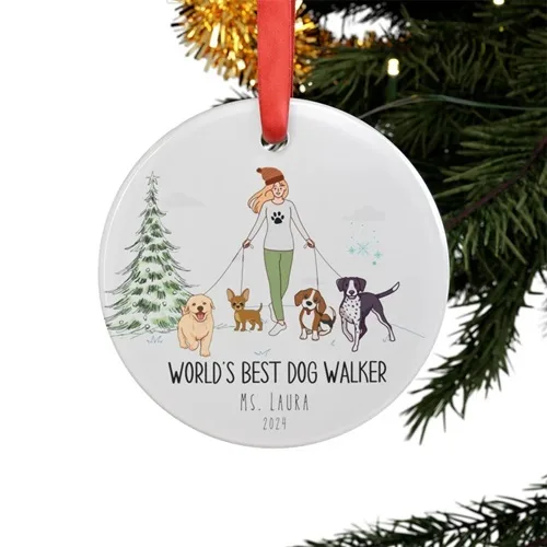 Dog Walker Ornament - White with a picture of a women, with four dog in a winter scene.