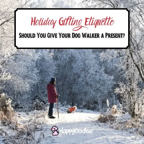 Happyoodles.com - Holiday Gifting - Should you give you dog walker a present? Photo of a women walking a dog in the snow.