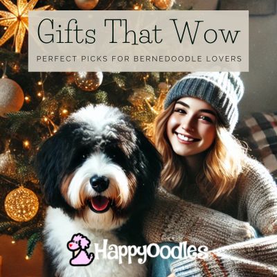 Happyoodles.com - Gifts that Wow - Perfect Gift Picks for Bernedoodle Lovers - AI image of women and bernedoodle near a Christmas tree