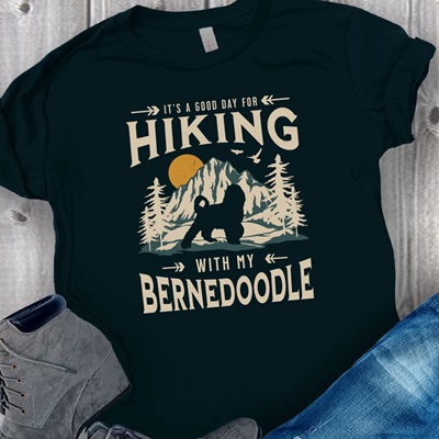 Hiking With My Bernedoodle - black t-shirt with a mountain scene and a black silhouette of a Bernedoodle