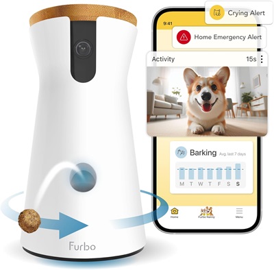 Furbo 360° Dog Camera - with image of a cell phone showing the app.