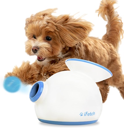 iFetch Automatic Ball Launcher -with dog in background chasing a ball. 