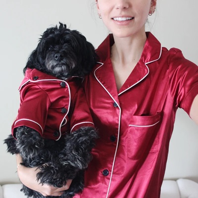 Matching Pet and Owner Pajamas Set in Ruby Red Satin Silk PJ's