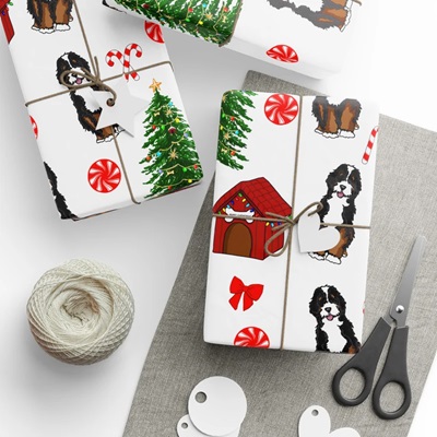 Bernedoodle Christmas Wrapping Paper - feature Bernedoodle with red dog house, Christmas tree and other holiday graphics by Grand Horse