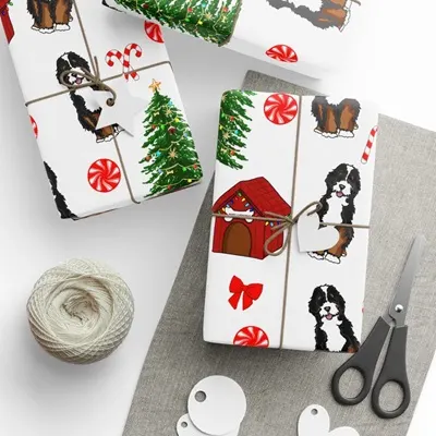 Bernedoodle Christmas Wrapping Paper - feature Bernedoodle with red dog house, Christmas tree and other holiday graphics by Grand Horse