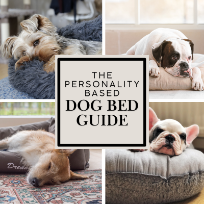 Cover page - Happyoodles.com Personality Based Dog Bed Guide - pic of four dogs n their beds