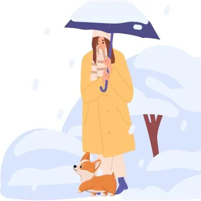 Woman with Pet Walking in Rain Illustration