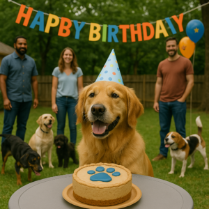 AI image of dog at birthday party with people in the background