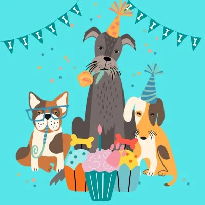 Happyoodles.com Graphic image of 3 dogs celebrating a dog's birthday