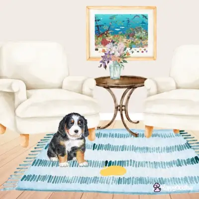 watercolor type image of sad dog in front of a pee stain on the rug