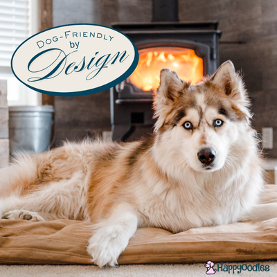 HappyOodles.com Dog Friendly by Design - husk on dog bed in front of wood burning stove.