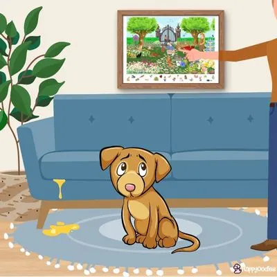 Happyoodles.com - Cartoon of dog next to a couch with a puddle of pee on the rug