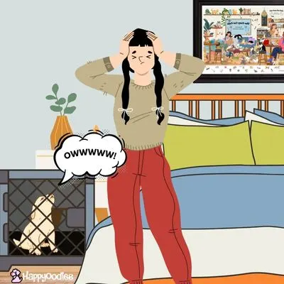 Happyoodles.com Why do puppies cry in the crate at night? Cartoon of a women with her hands on her head next to a puppy that is crying a in crate next to the bed.
