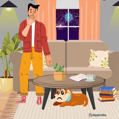 Happyoodles.com - Teach Your Puppy to Stay Calm During Fireworks - cartoon of dog hiding under the coffee table with fireworks shown in the window