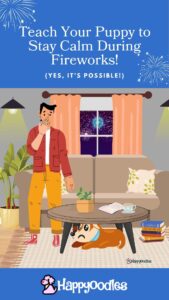 Happyoodles.com - Teach Your Puppy to Stay Calm During Fireworks - cartoon of dog hiding under the coffee table with fireworks shown in the window - Pin