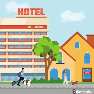 Happyoodles.com Hotel or vacation rental? Cartoon pic of a large hotel next to a house with a person and dog in front of each one