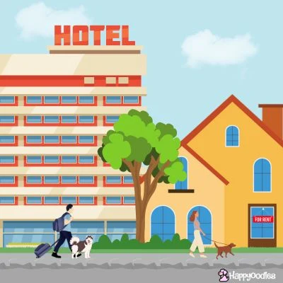 Happyoodles.com Hotel or vacation rental? Cartoon pic of a large hotel next to a house with a person and dog in front of each one
