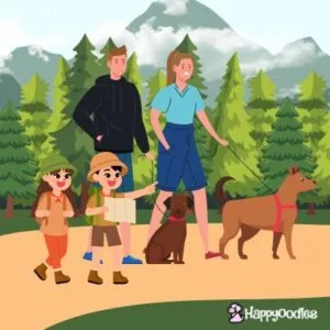 Happyoodles.com Family Hiking with a Dog - B.A.R.K. ranger program. Cartoon image of family with two dogs on a trail.