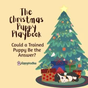Happyoodles.com Christmas Puppy Playbook - Could a Trained Puppy Be the Answer - Cartoon Pic of dog sleeping under a Christmas Tree.