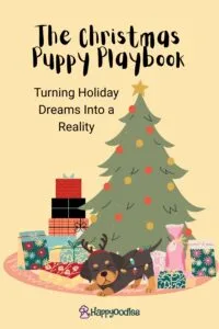 The Christmas Puppy Playbook - cartoon of Christmas tree with presents and a puppy underneath the tree. Happyoodles.com
