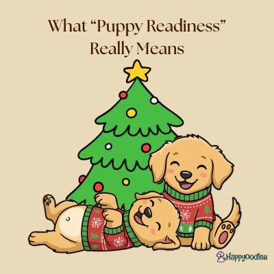 What &ldquo;Puppy Readiness&rdquo; Really Means - Cartoon image with two puppies and Christmas tree in background. 