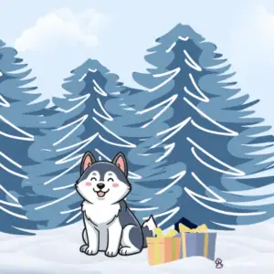 Happyoodles.com What You Need Before Bringing Home a Christmas Puppy. Husky puppy infornt of blue evergreen trees with snow on the ground.