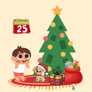 Happyoodles.com - New Puppy on Christmas - Cartoon of surprised boy with dog in a Santa hat under the tree among other gifts.