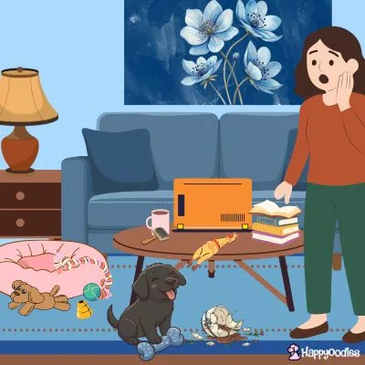 Christmas Puppy Blues - Graphic of a puppy with toy and broken planter