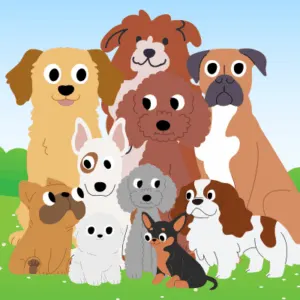 Can You Guess the Most Popular Dog of 2025? - Graphic of multiple dog breeds and mixed breed dog posing outside.