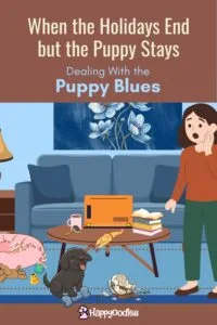 Christmas Puppy Blues - Graphic of a puppy with toy and broken planter - Happyoodles.com