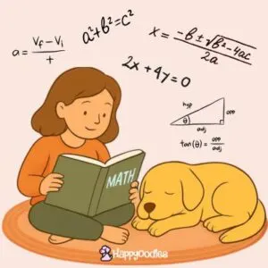 Pets Can't Teach Math But They Can Help Kids Learn It - Image of girl looking at Math book next to dog. Happyoodles.com